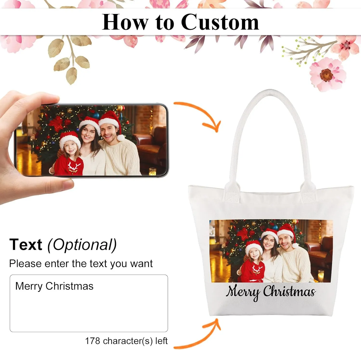 Personalised Tote Bags, Personalised Name Canvas Beach Bag, Custom Photo Text Logo Travel Shopping Gift Bags for Women