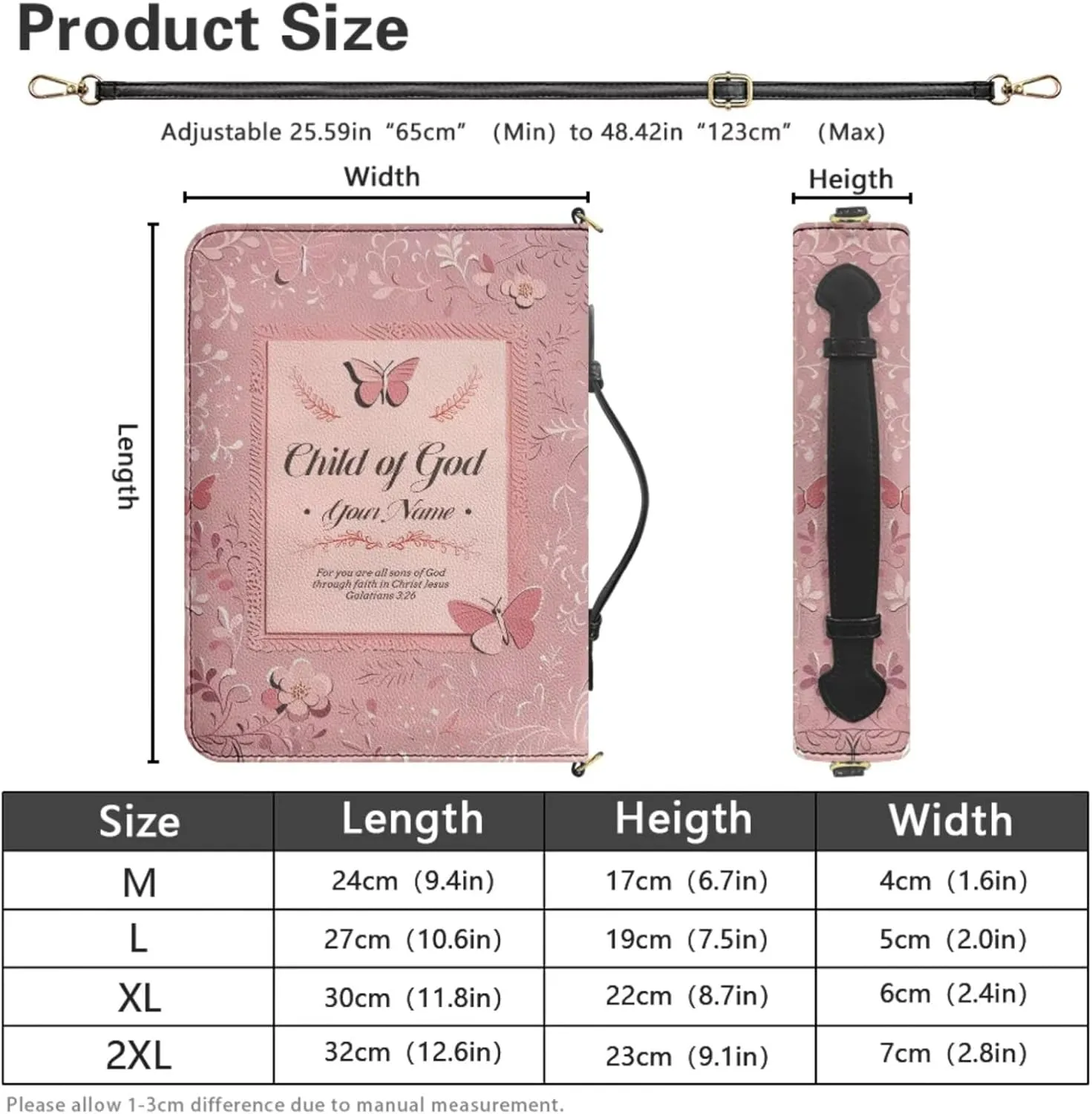 Personalized Bible Bag with Name, Pink Bible Case with Strap and Handle, 3D Aesthetic Floral Print Bible Holder with Inner Pockets and Pen Loop, Church Bags for Women, Extra Large