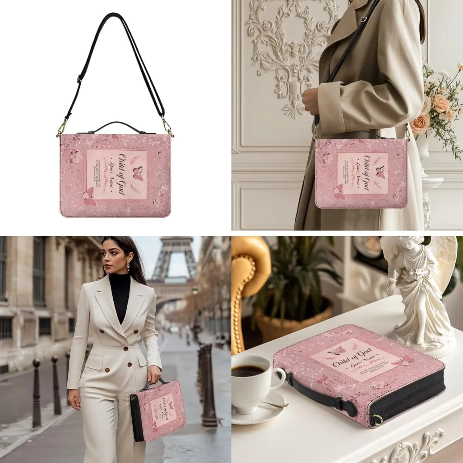Personalized Bible Bag with Name, Pink Bible Case with Strap and Handle, 3D Aesthetic Floral Print Bible Holder with Inner Pockets and Pen Loop, Church Bags for Women, Extra Large