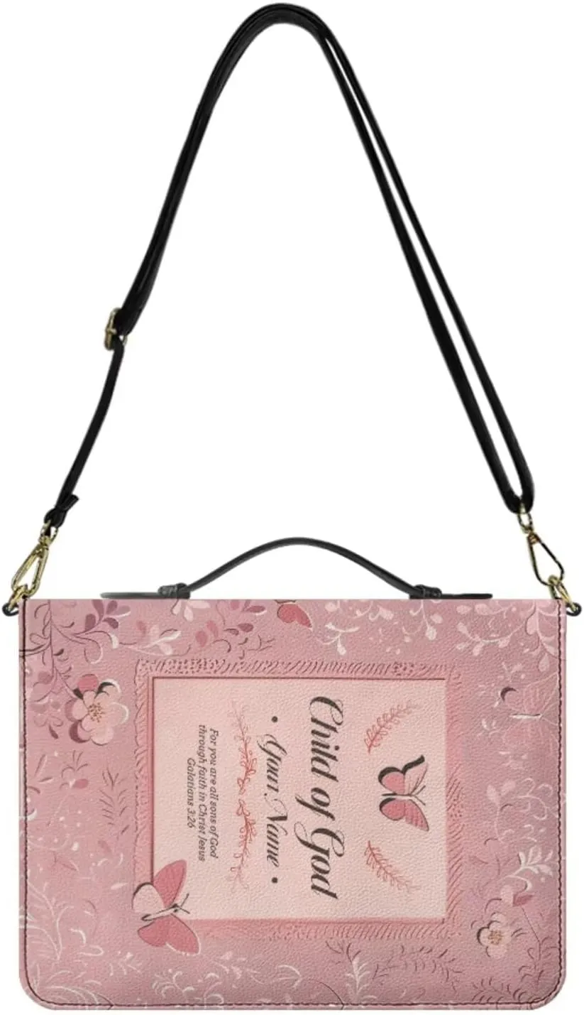 Personalized Bible Bag with Name, Pink Bible Case with Strap and Handle, 3D Aesthetic Floral Print Bible Holder with Inner Pockets and Pen Loop, Church Bags for Women, Extra Large