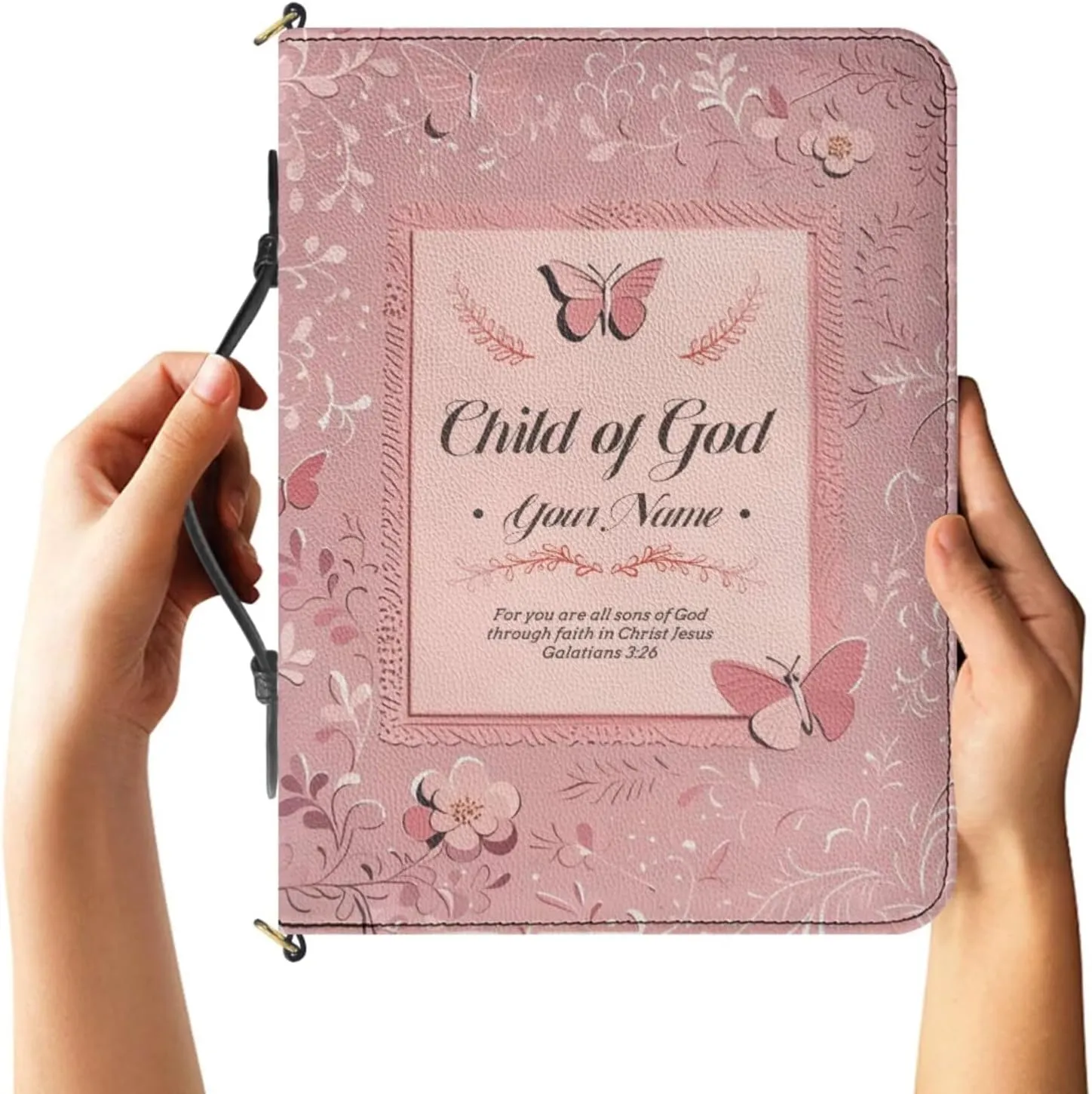 Personalized Bible Bag with Name, Pink Bible Case with Strap and Handle, 3D Aesthetic Floral Print Bible Holder with Inner Pockets and Pen Loop, Church Bags for Women, Extra Large