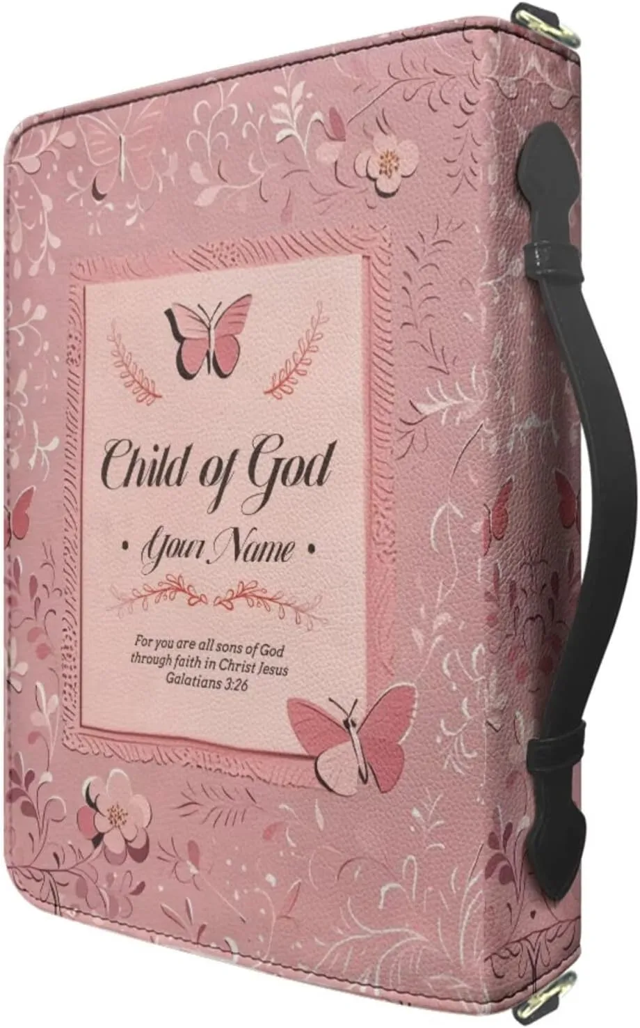 Personalized Bible Bag with Name, Pink Bible Case with Strap and Handle, 3D Aesthetic Floral Print Bible Holder with Inner Pockets and Pen Loop, Church Bags for Women, Extra Large