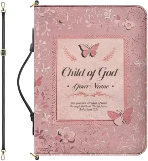Personalized Bible Bag with Name, Pink Bible Case with Strap and Handle, 3D Aesthetic Floral Print Bible Holder with Inner Pockets and Pen Loop, Church Bags for Women, Extra Large