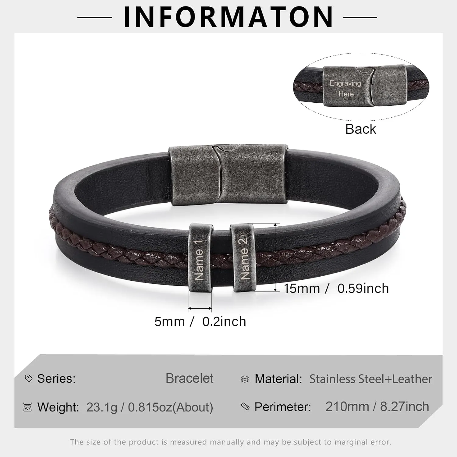 Personalized Bracelet for Men Custom Leather Braided Bangle Engraved Name Beads Fathers Day Jewelry Gifts for Dad Him Husband