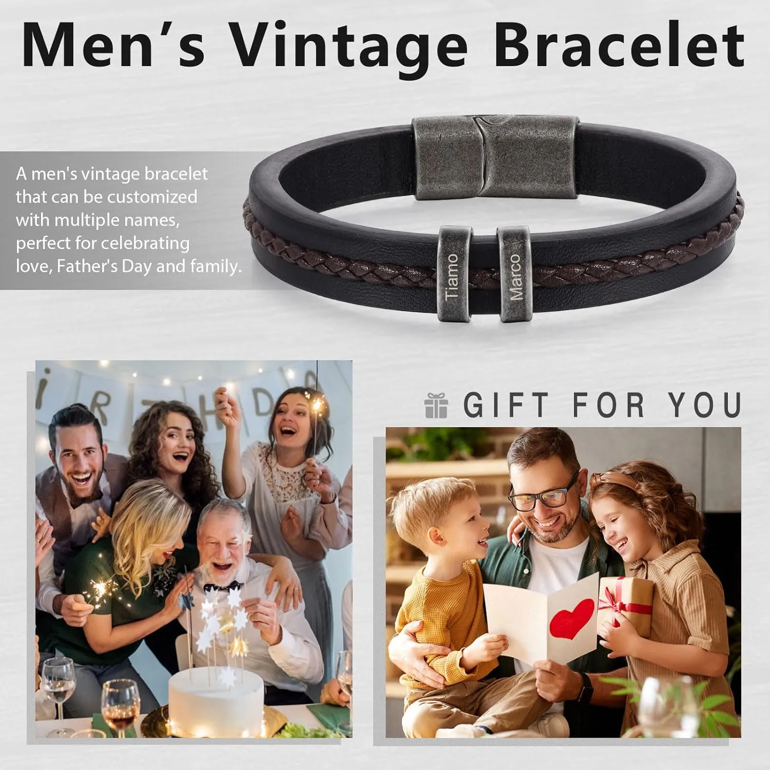 Personalized Bracelet for Men Custom Leather Braided Bangle Engraved Name Beads Fathers Day Jewelry Gifts for Dad Him Husband
