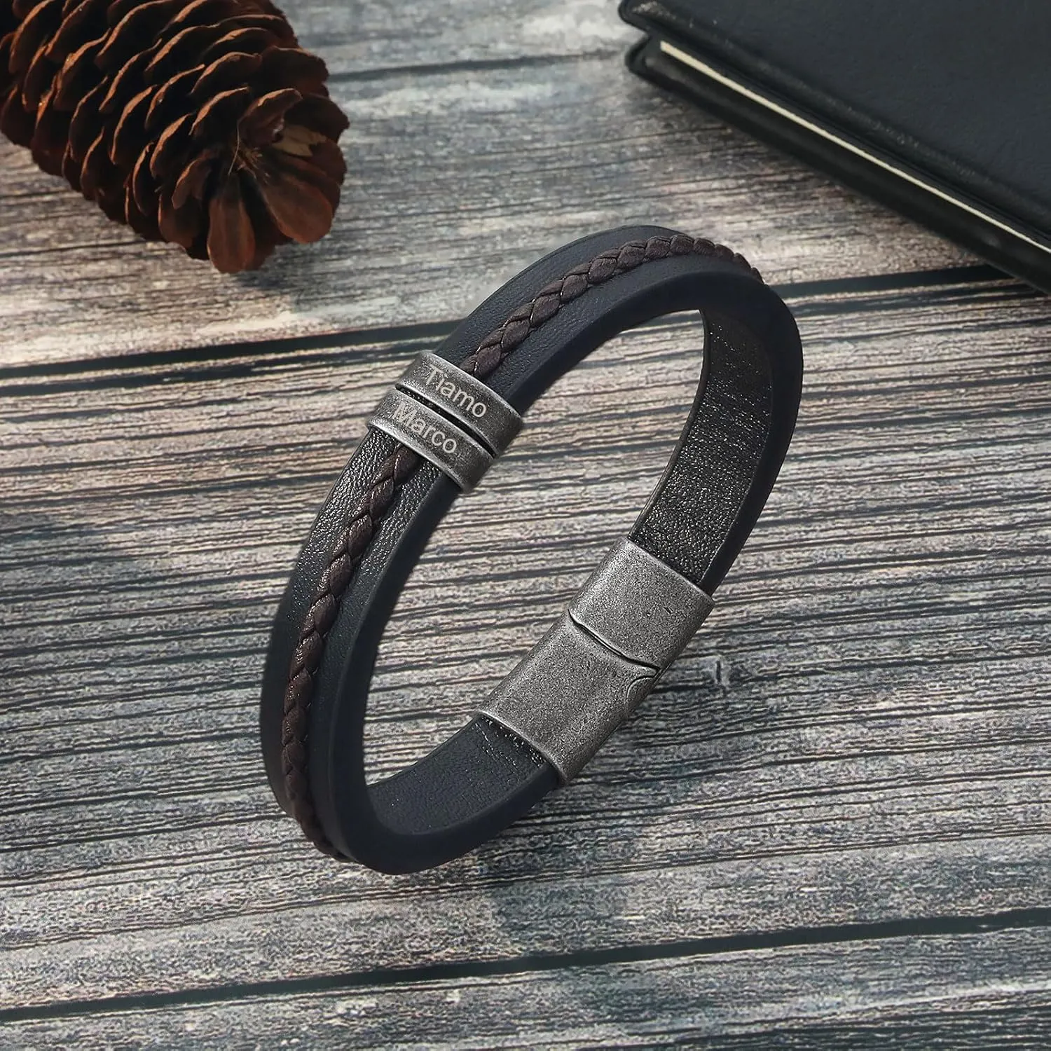Personalized Bracelet for Men Custom Leather Braided Bangle Engraved Name Beads Fathers Day Jewelry Gifts for Dad Him Husband