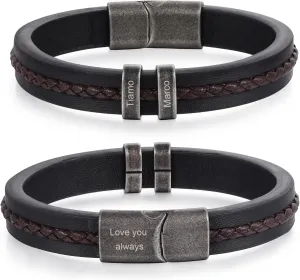 Personalized Bracelet for Men Custom Leather Braided Bangle Engraved Name Beads Fathers Day Jewelry Gifts for Dad Him Husband