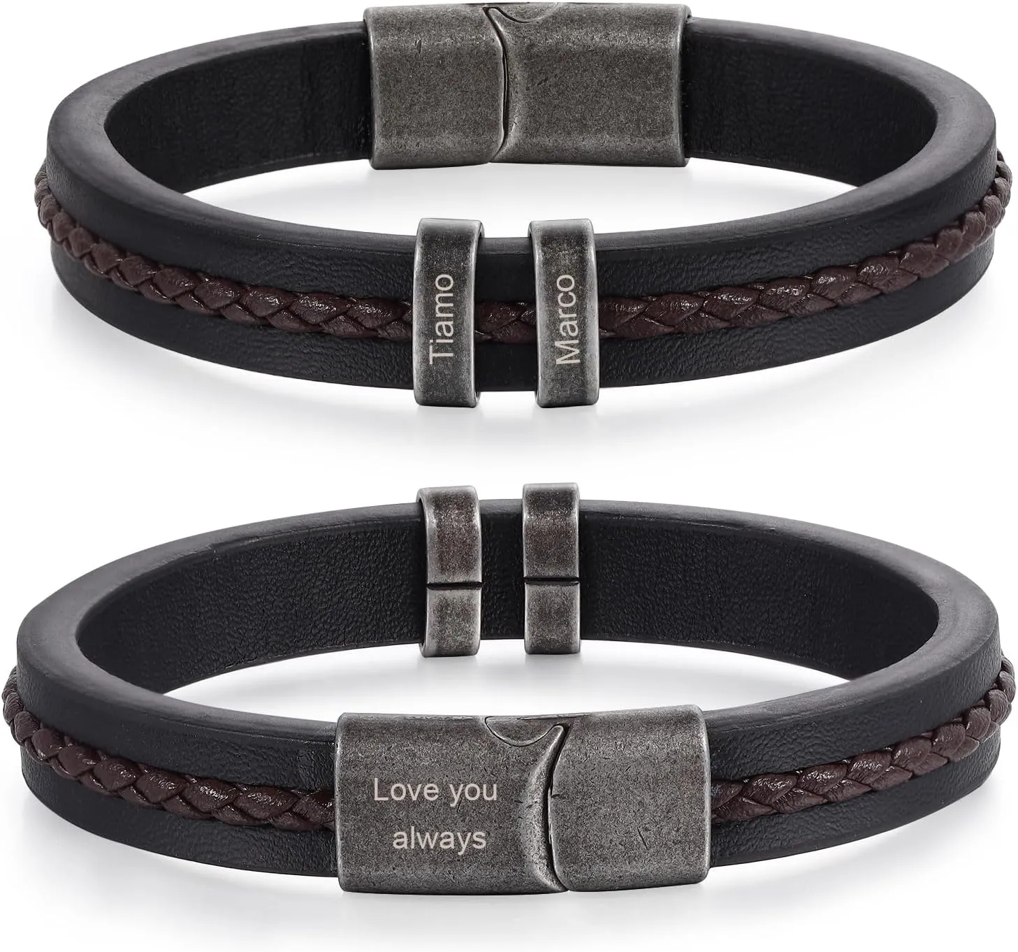Personalized Bracelet for Men Custom Leather Braided Bangle Engraved Name Beads Fathers Day Jewelry Gifts for Dad Him Husband