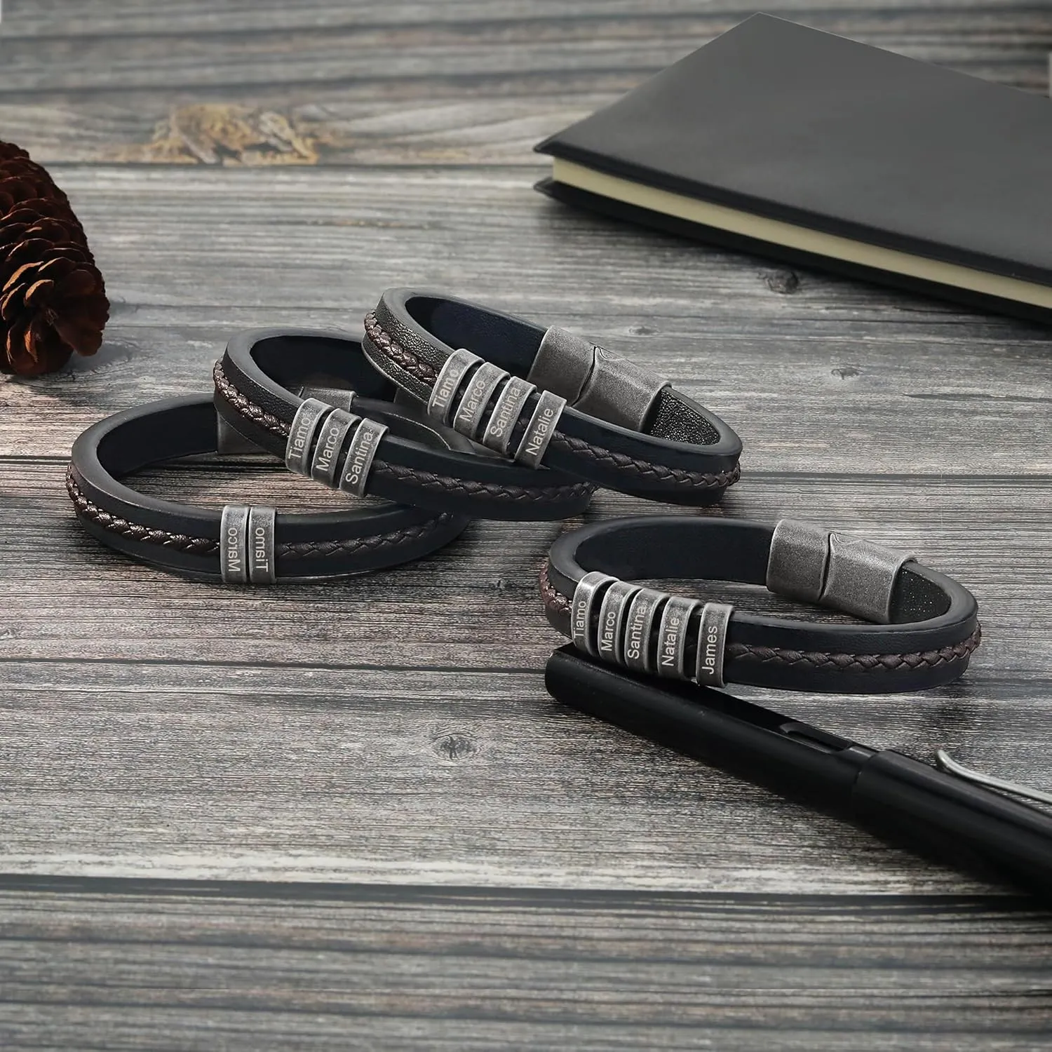 Personalized Bracelet for Men Custom Leather Braided Bangle Engraved Name Beads Fathers Day Jewelry Gifts for Dad Him Husband
