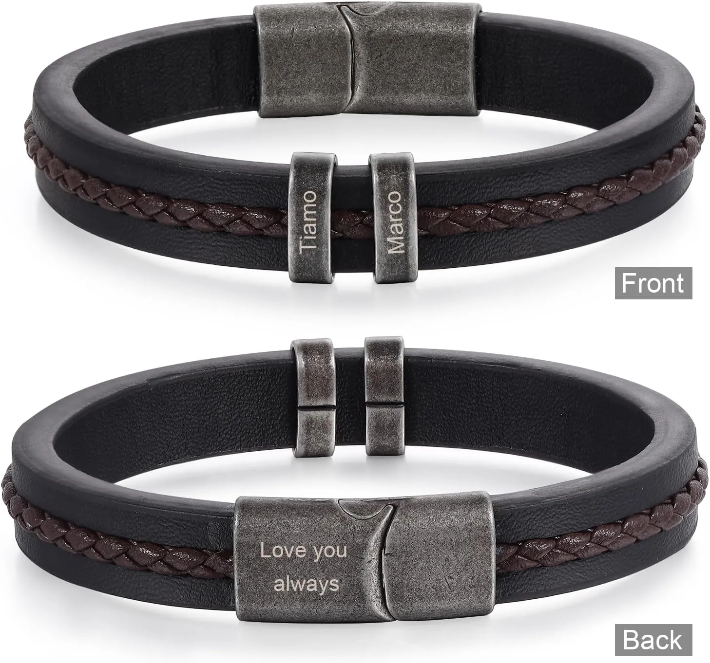 Personalized Bracelet for Men Custom Leather Braided Bangle Engraved Name Beads Fathers Day Jewelry Gifts for Dad Him Husband