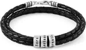 Personalized Braided Leather Bracelet with Silver or Gold Beads for Him, Men - Custom Gift for Father's Day - Genuine Leather - Engraved Sterling Silver or 14K Solid Gold Beads - By MYKA