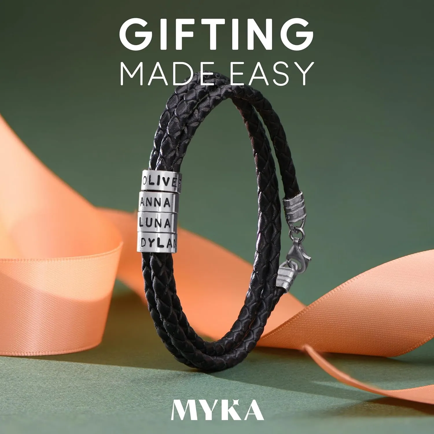 Personalized Braided Leather Bracelet with Silver or Gold Beads for Him, Men - Custom Gift for Father's Day - Genuine Leather - Engraved Sterling Silver or 14K Solid Gold Beads - By MYKA