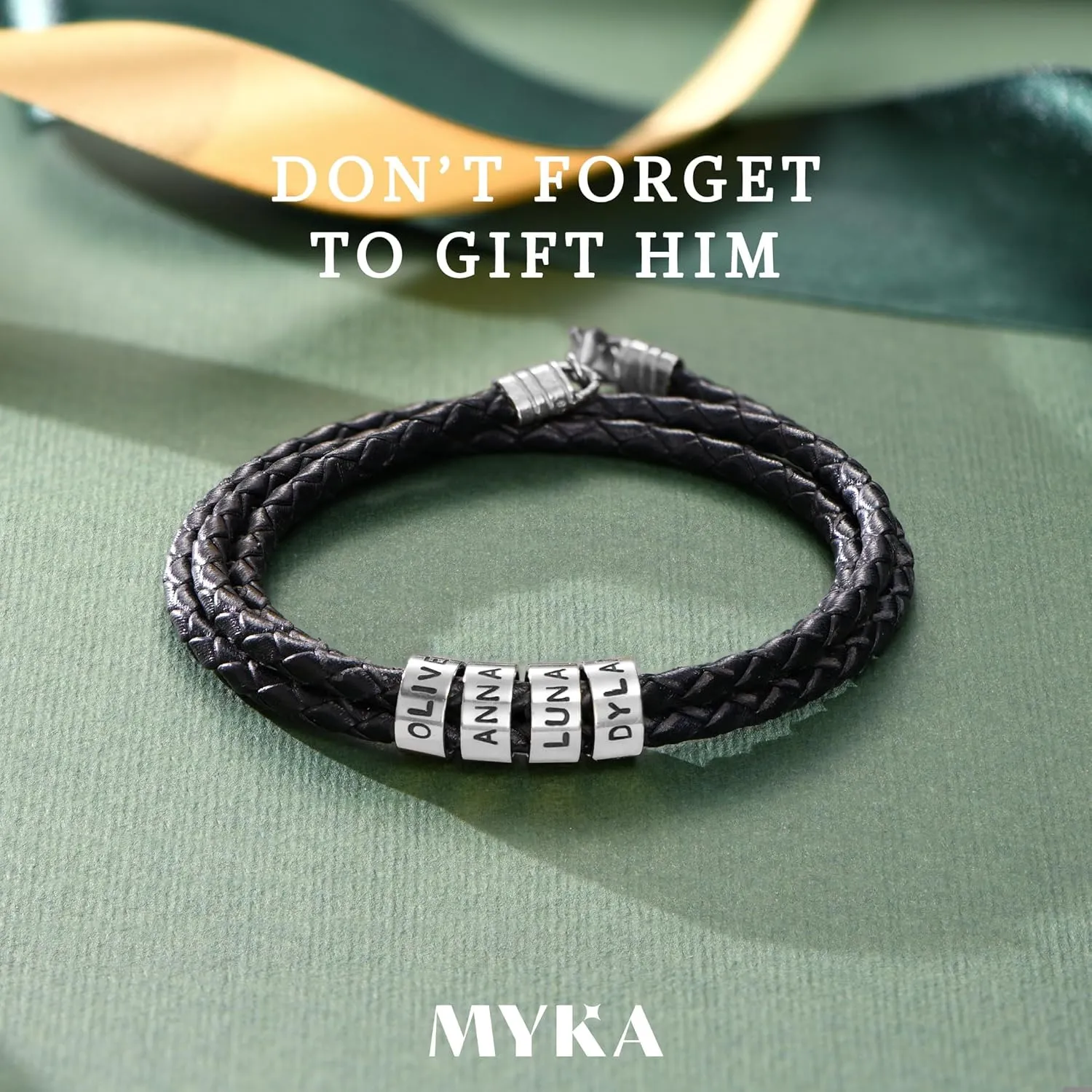 Personalized Braided Leather Bracelet with Silver or Gold Beads for Him, Men - Custom Gift for Father's Day - Genuine Leather - Engraved Sterling Silver or 14K Solid Gold Beads - By MYKA