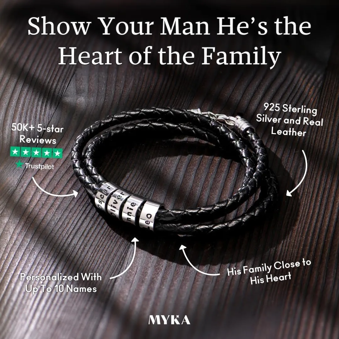 Personalized Braided Leather Bracelet with Silver or Gold Beads for Him, Men - Custom Gift for Father's Day - Genuine Leather - Engraved Sterling Silver or 14K Solid Gold Beads - By MYKA