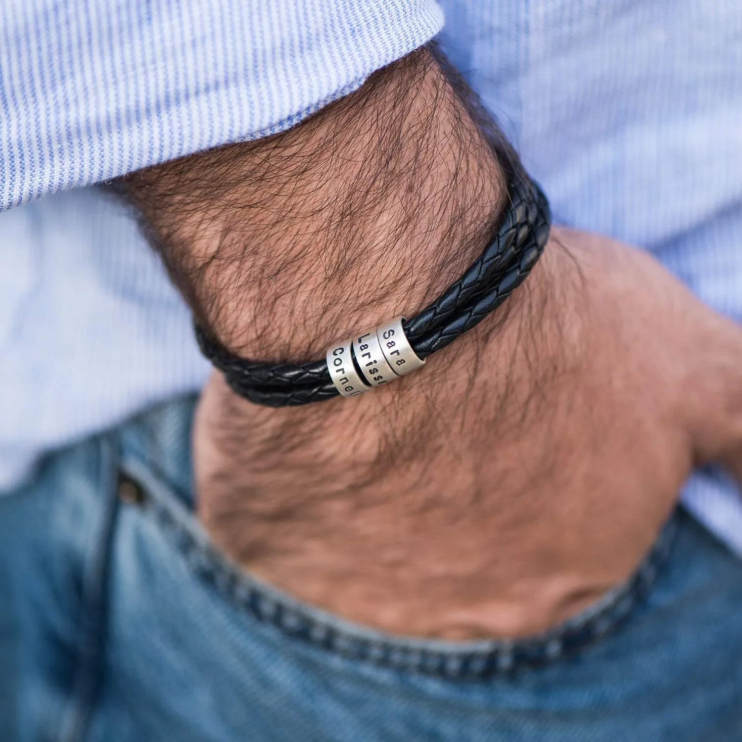 Personalized Braided Leather Bracelet with Silver or Gold Beads for Him, Men - Custom Gift for Father's Day - Genuine Leather - Engraved Sterling Silver or 14K Solid Gold Beads - By MYKA