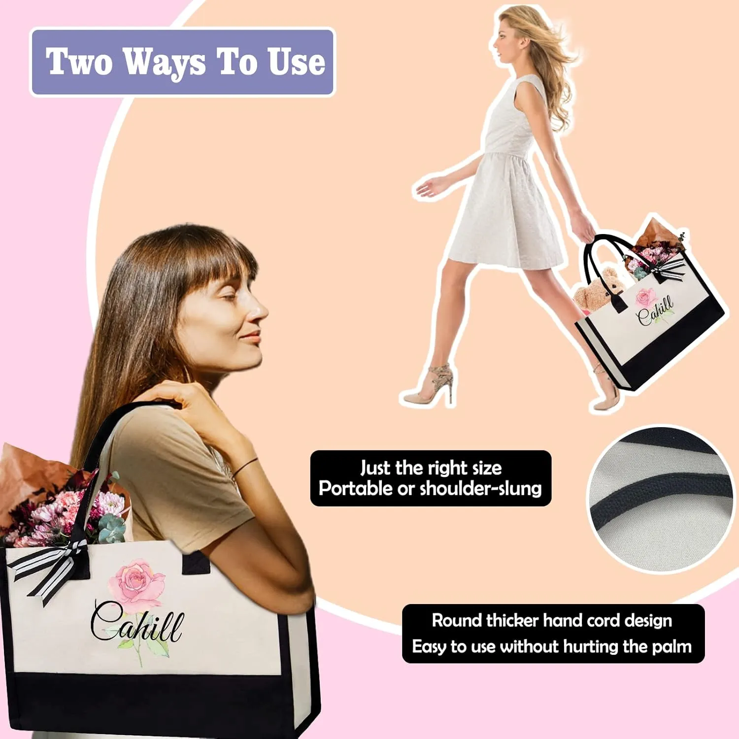 Personalized Canvas Beach Bag Custom Canvas Tote bag Customized Handles Bag Gift for Women Wedding Bridesmaid