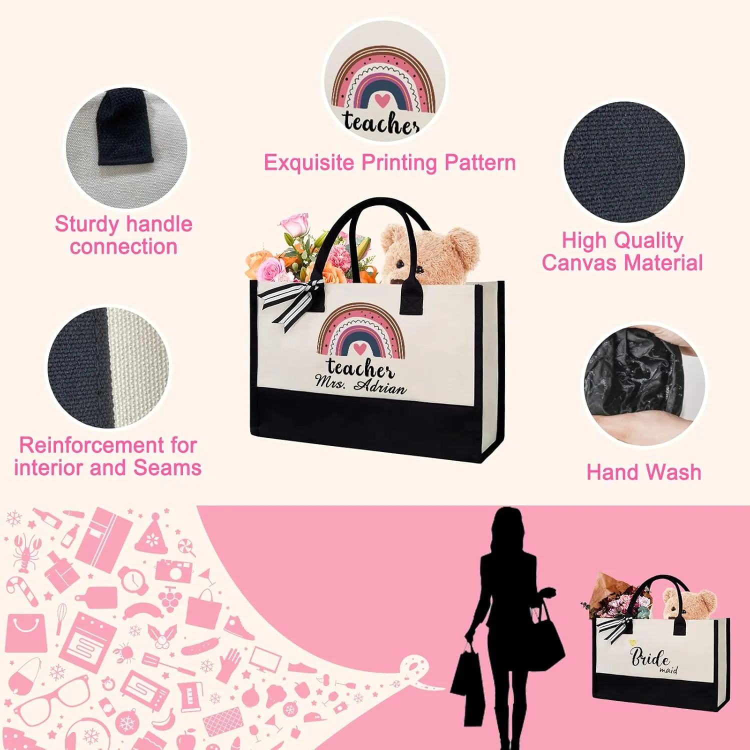 Personalized Canvas Beach Bag Custom Canvas Tote bag Customized Handles Bag Gift for Women Wedding Bridesmaid