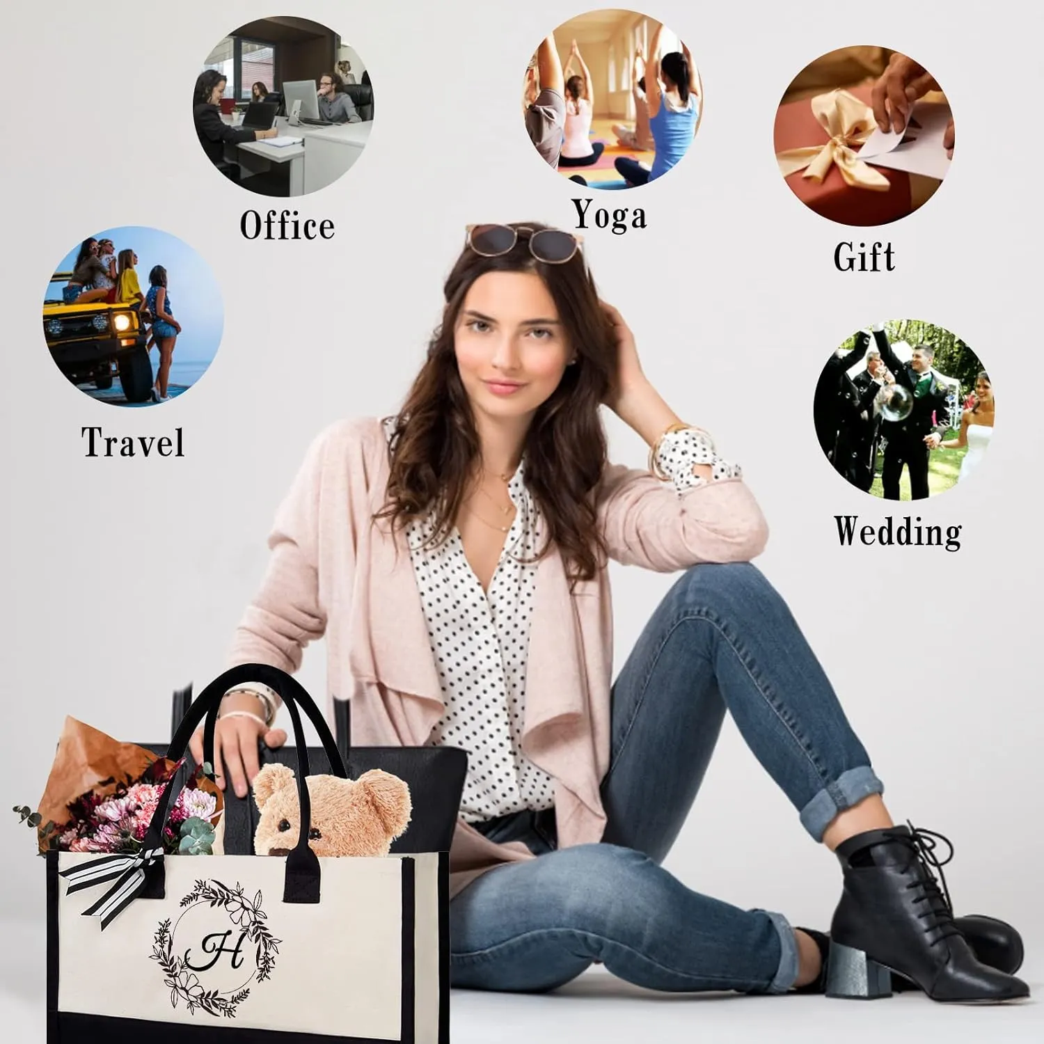 Personalized Canvas Beach Bag Custom Canvas Tote bag Customized Handles Bag Gift for Women Wedding Bridesmaid