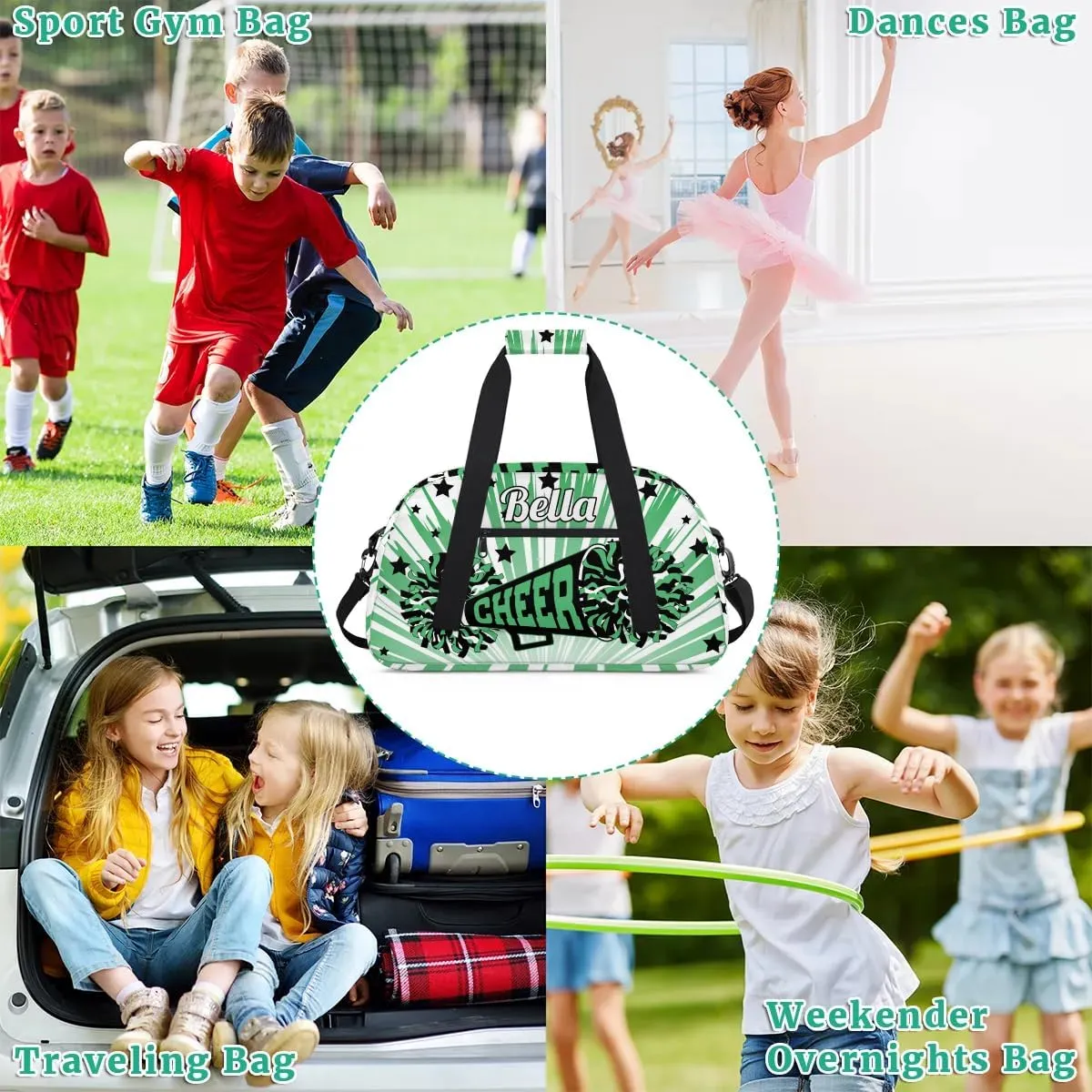 Personalized Cheerleader Bag Custom Sport Duffel Bags with Your Name Gymnastics Travel Bag Dance Bag Sleepover Weekender Bag, Green Stars