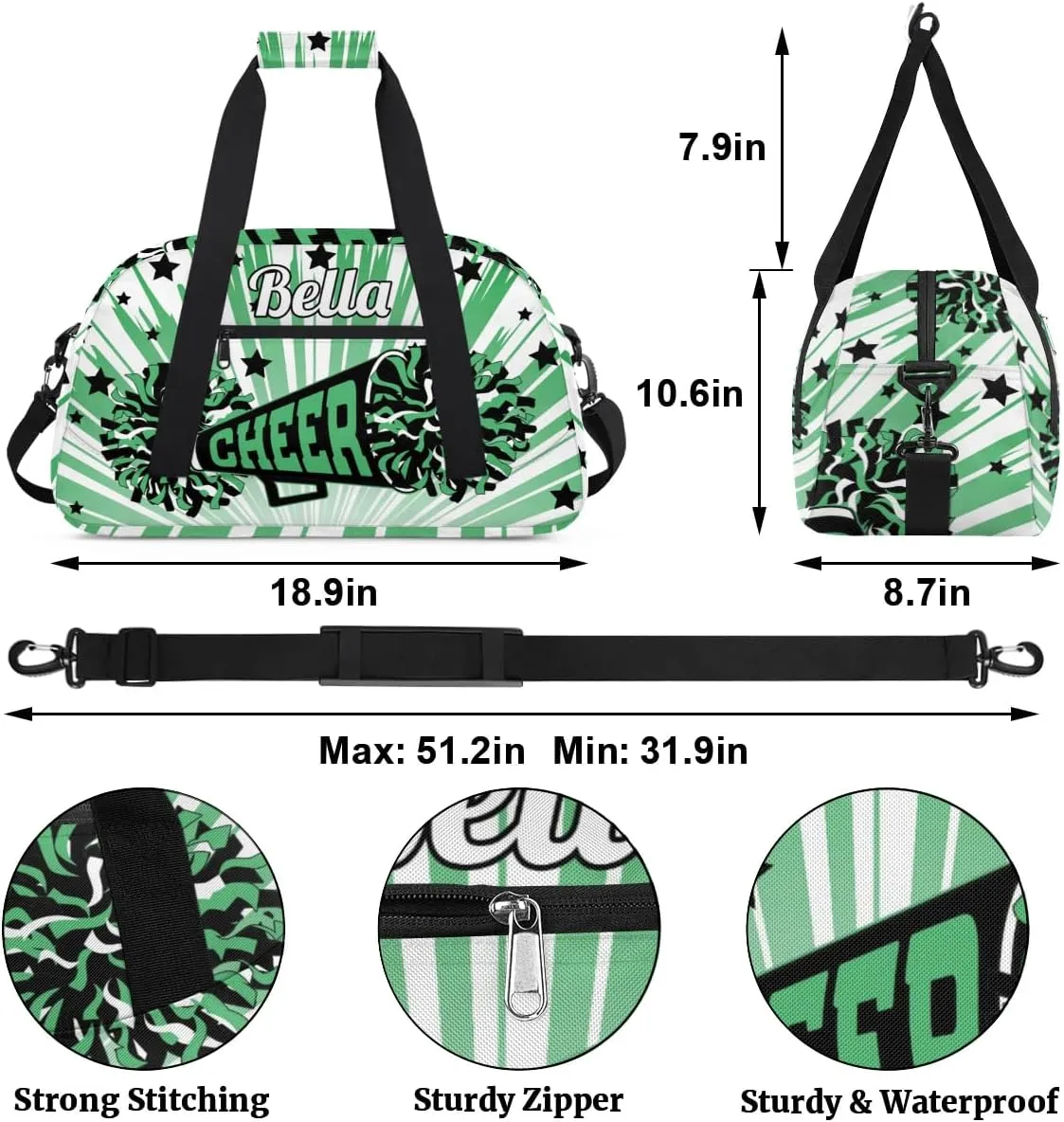 Personalized Cheerleader Bag Custom Sport Duffel Bags with Your Name Gymnastics Travel Bag Dance Bag Sleepover Weekender Bag, Green Stars