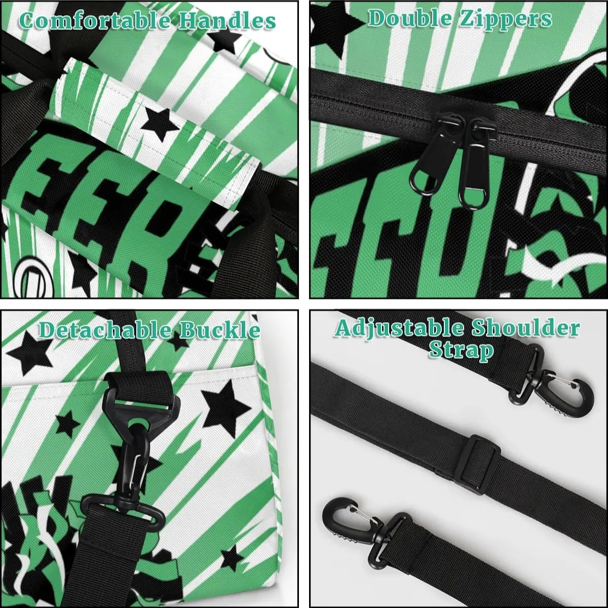 Personalized Cheerleader Bag Custom Sport Duffel Bags with Your Name Gymnastics Travel Bag Dance Bag Sleepover Weekender Bag, Green Stars
