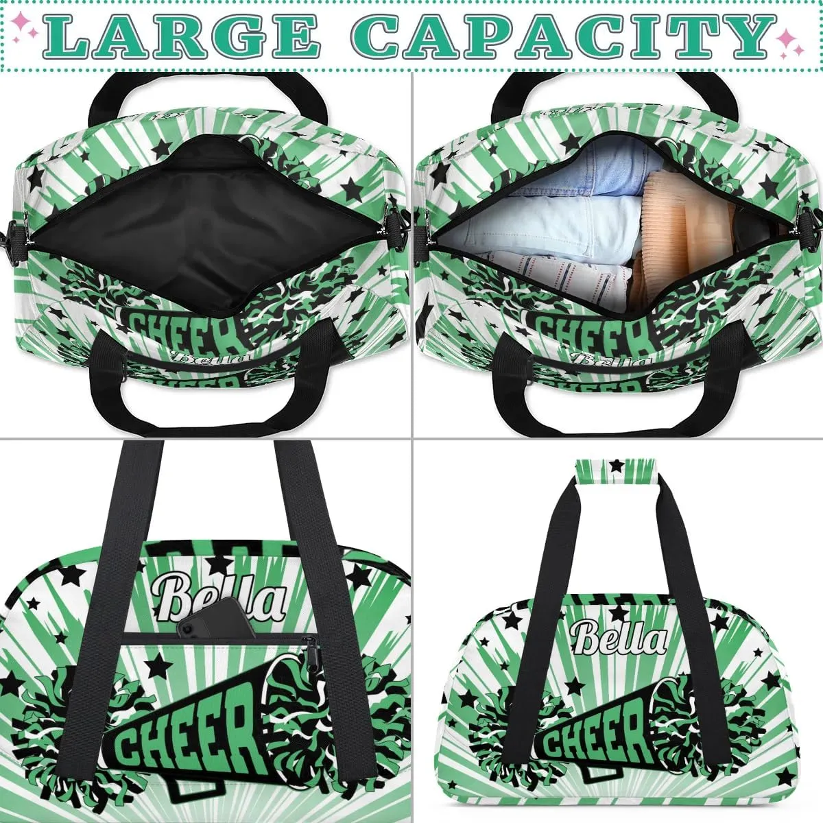Personalized Cheerleader Bag Custom Sport Duffel Bags with Your Name Gymnastics Travel Bag Dance Bag Sleepover Weekender Bag, Green Stars
