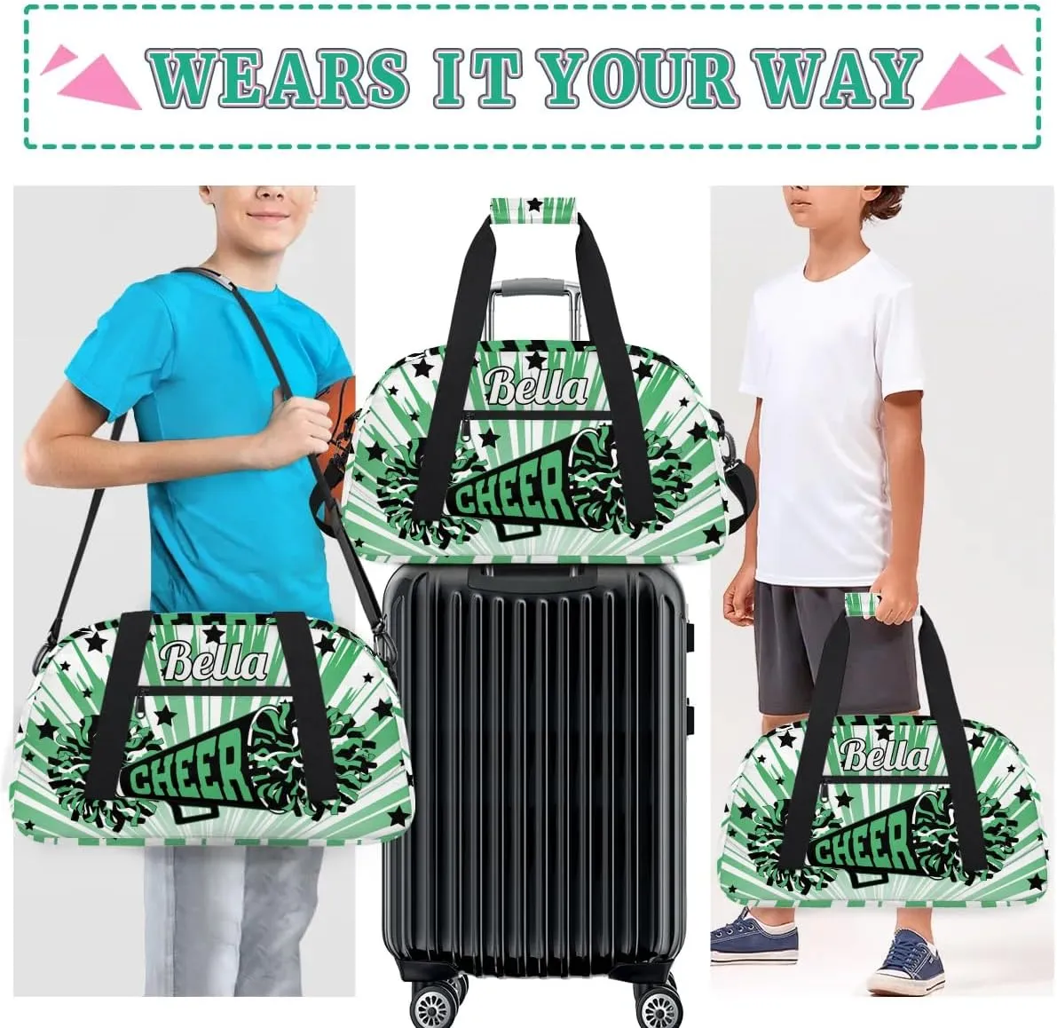 Personalized Cheerleader Bag Custom Sport Duffel Bags with Your Name Gymnastics Travel Bag Dance Bag Sleepover Weekender Bag, Green Stars
