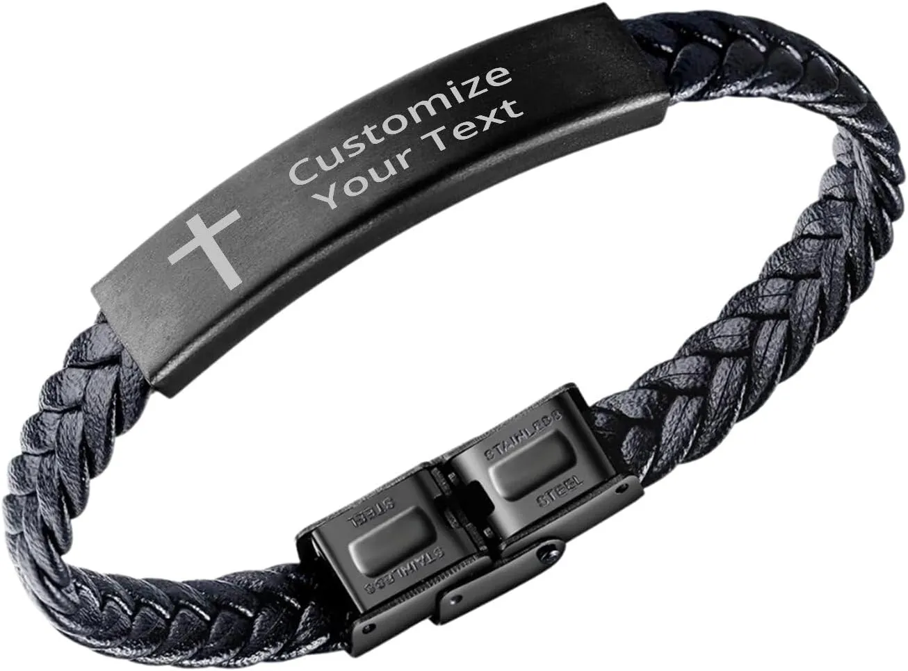 Personalized Christian Bible Verses Braided Leather Bracelet Inspirational Scripture ID Cross Religious Quote Faith God Engraved Adjustable Customized Gifts for Men Women Kiss Him Husband Father