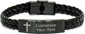 Personalized Christian Bible Verses Braided Leather Bracelet Inspirational Scripture ID Cross Religious Quote Faith God Engraved Adjustable Customized Gifts for Men Women Kiss Him Husband Father