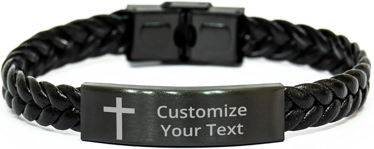 Personalized Christian Bible Verses Braided Leather Bracelet Inspirational Scripture ID Cross Religious Quote Faith God Engraved Adjustable Customized Gifts for Men Women Kiss Him Husband Father