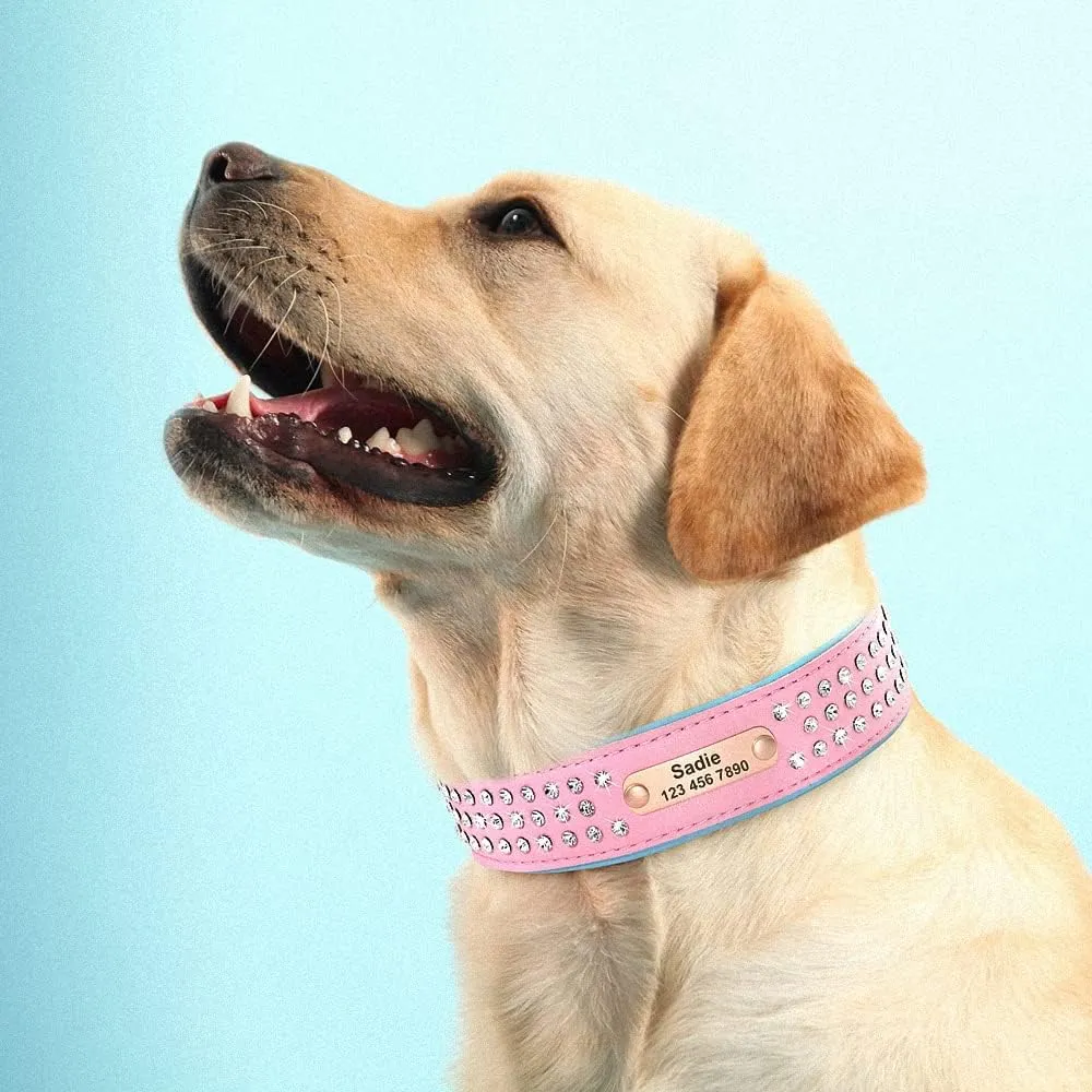 Personalized Crystal Leather Dog Collar Custom Rhinestone Dog Collars with Buckle Free Engraved ID Collar for Medium Large Dogs Pink L