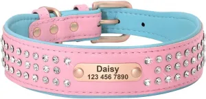 Personalized Crystal Leather Dog Collar Custom Rhinestone Dog Collars with Buckle Free Engraved ID Collar for Medium Large Dogs Pink L