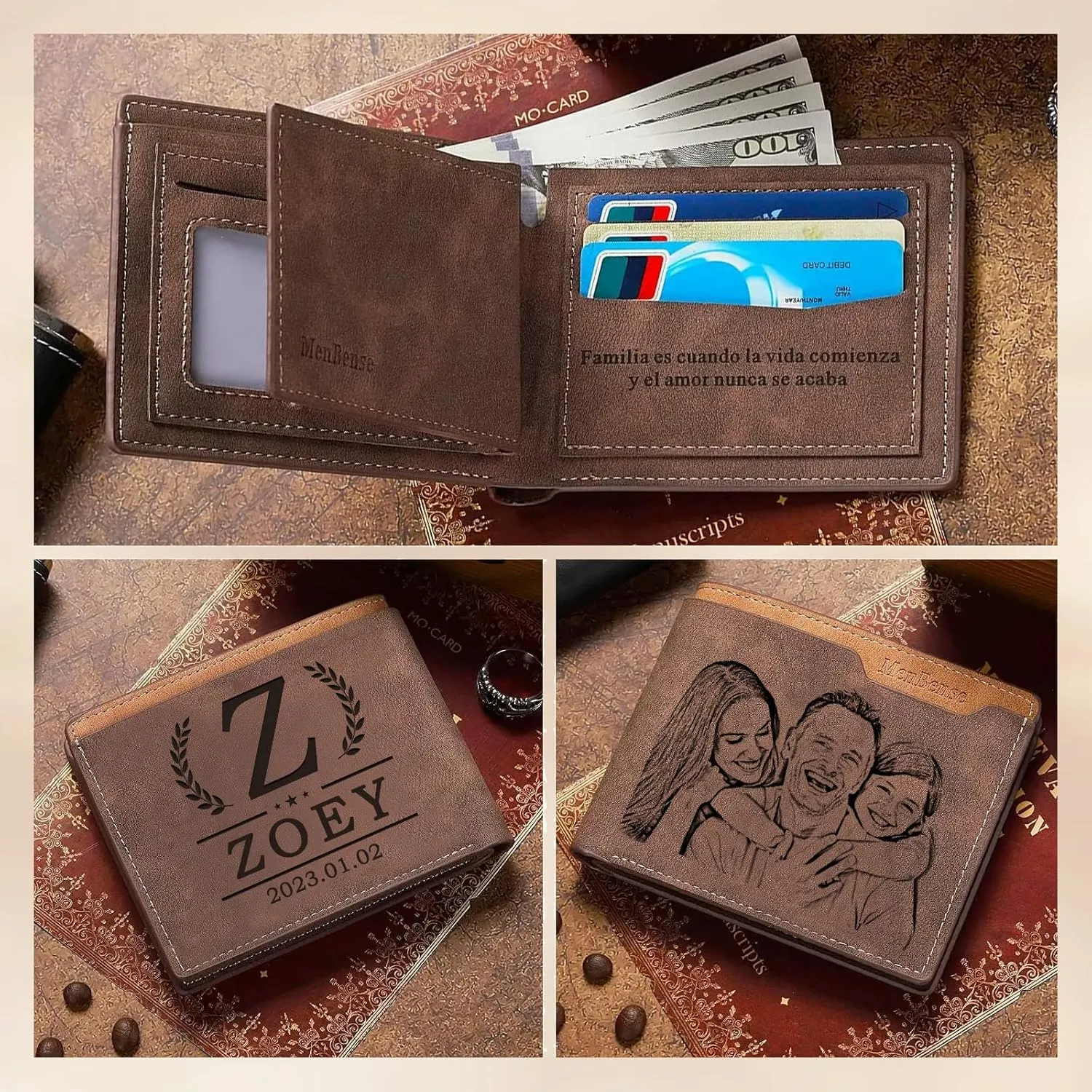 Personalized Custom Photo Wallets for Men, Customized Engraved Picture & Initial Name Wallet, Gifts for Boyfriend Husband Birthday Anniversary Father's Day Christmas