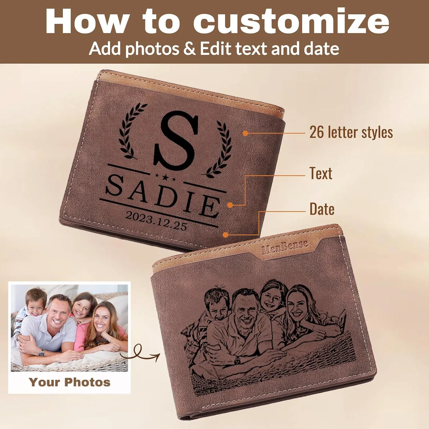 Personalized Custom Photo Wallets for Men, Customized Engraved Picture & Initial Name Wallet, Gifts for Boyfriend Husband Birthday Anniversary Father's Day Christmas
