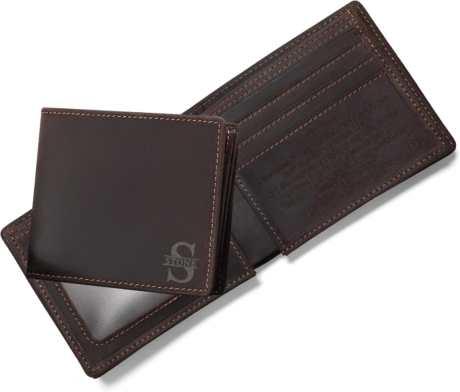 Personalized Engraved Bifold Wallet for Men - Custom Logo Name Leather Wallet for Husband Boyfriend Dad Son - Graduation Christmas Fathers Day Valentines Birthday Anniversary Wedding Adult Gift