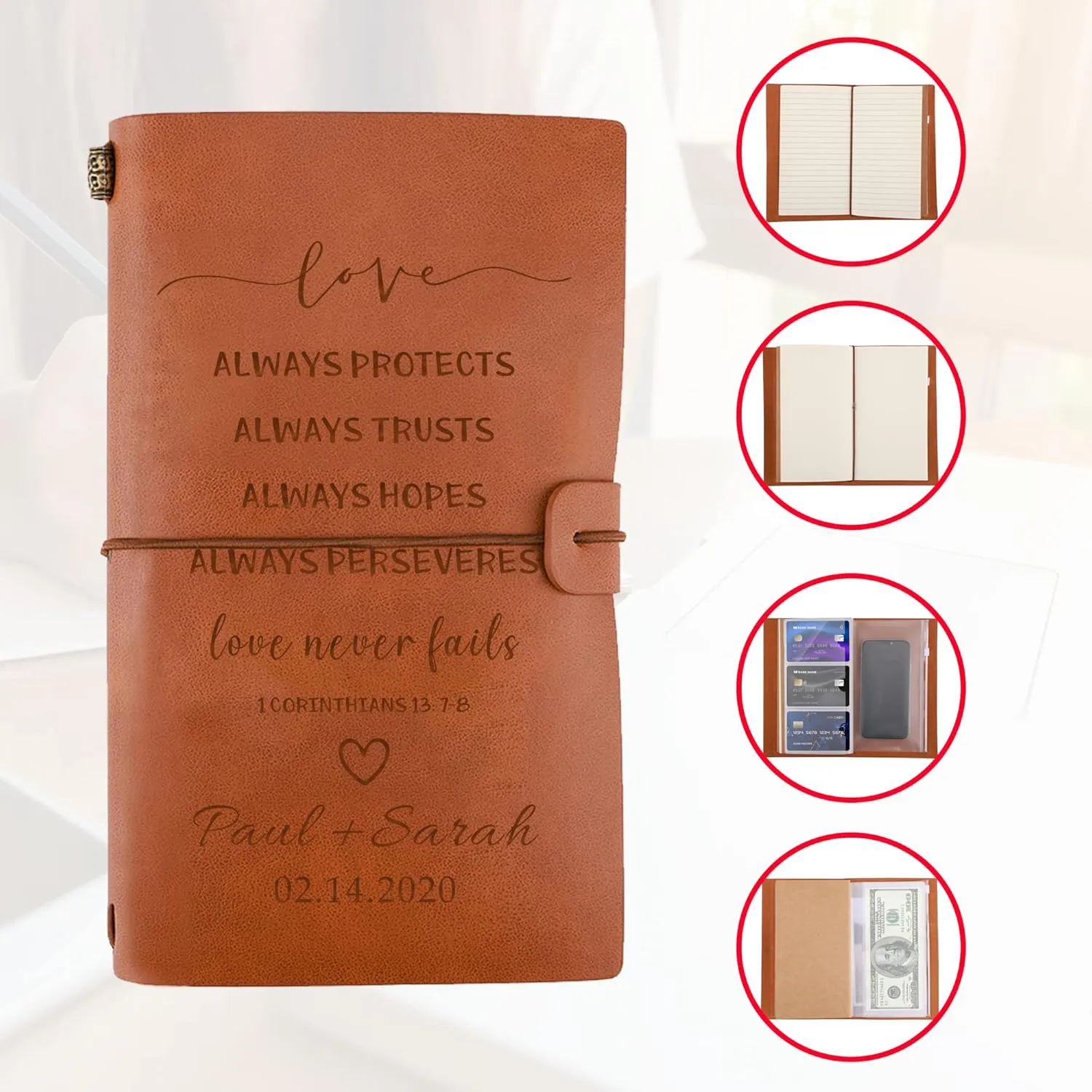 Personalized Engraved Leather Journal- Valentines Day Gifts for Couple, Anniversary Present for Boyfriend Girlfriend, Custom Travel Journal Gift for Engagement Wedding Anniversary Birthday
