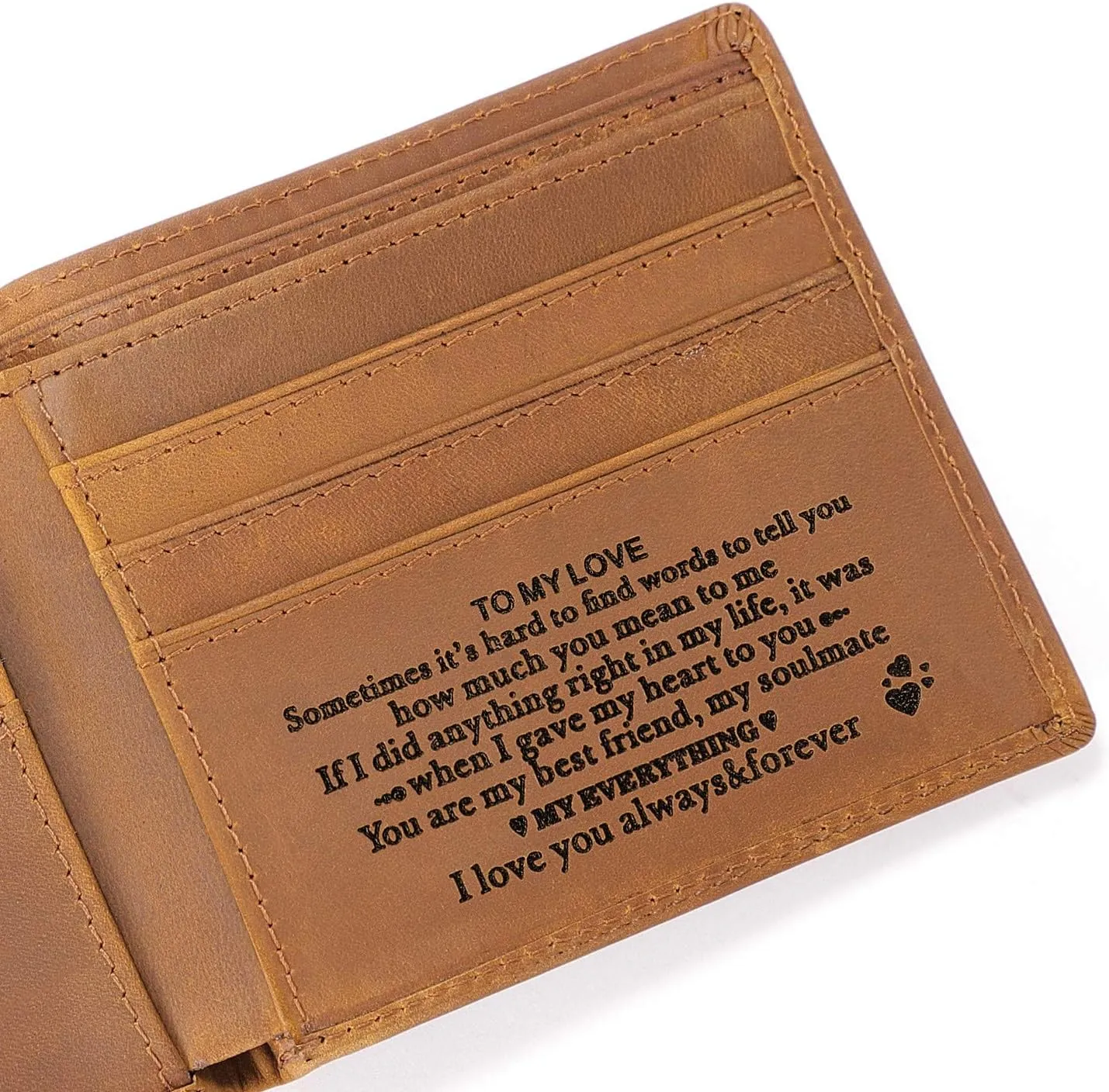 Personalized Engraved Leather Wallet for Boyfriend Husband from Wife Girlfriend - Anniversary Valentines Christmas Birthday Wedding - Minimalist Mens Bifold Purse with Romantic Message - I Love You