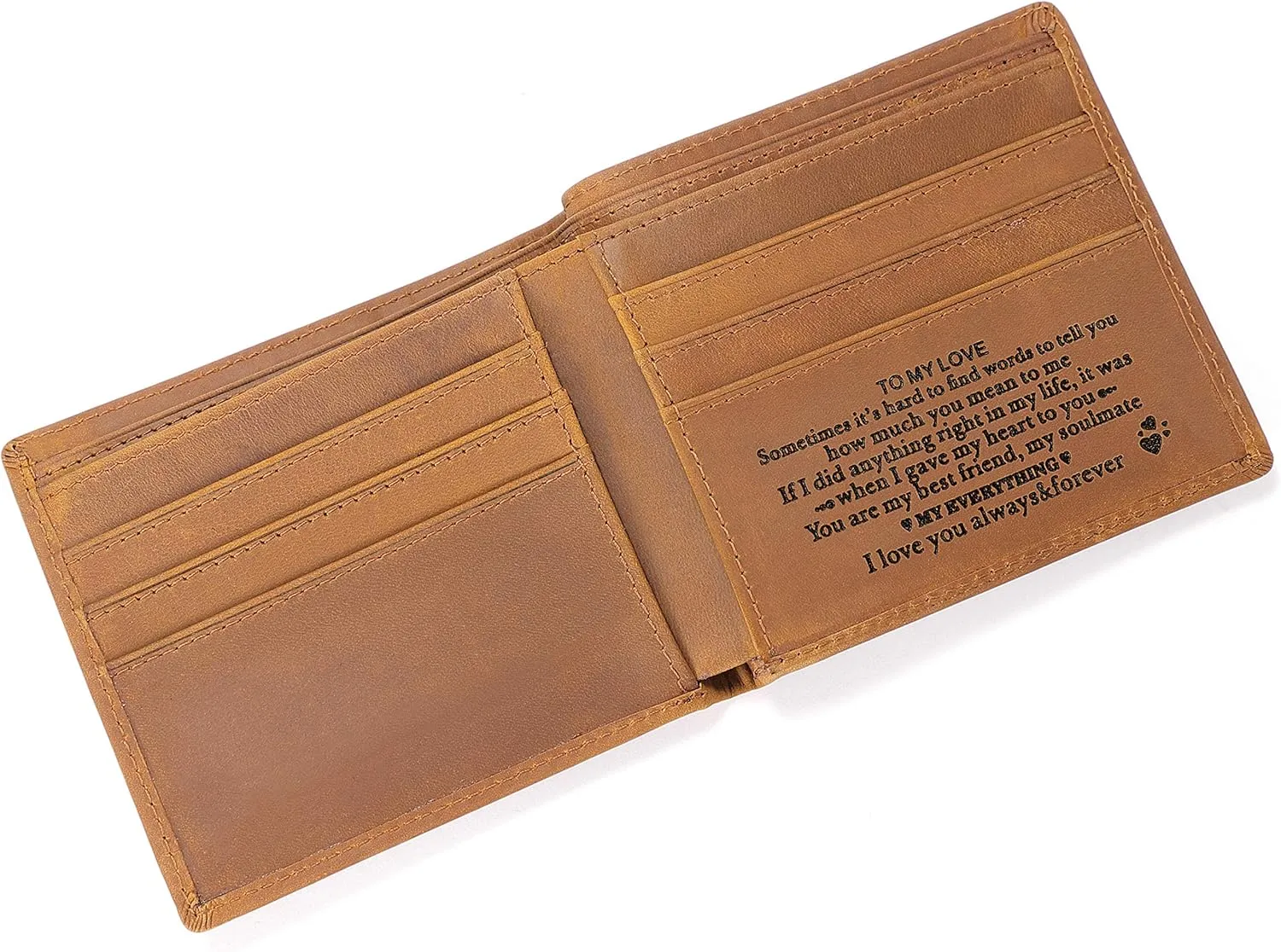 Personalized Engraved Leather Wallet for Boyfriend Husband from Wife Girlfriend - Anniversary Valentines Christmas Birthday Wedding - Minimalist Mens Bifold Purse with Romantic Message - I Love You