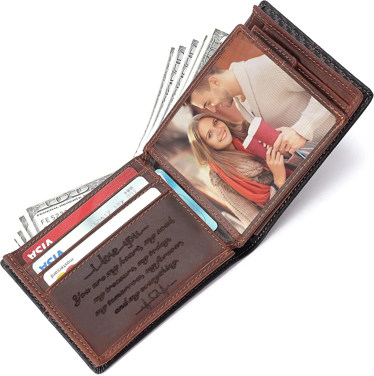 Personalized Engraved Leather Wallet for Boyfriend Husband from Wife Girlfriend - Christmas Valentines Day Birthday Anniversary Wedding - I Love You - Men Custom Bifold Wallets with Romantic Message
