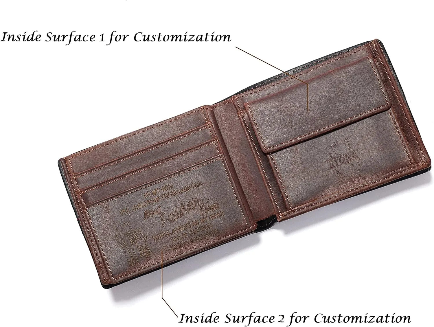 Personalized Engraved Leather Wallet for Husband Boyfriend Dad Son - Custom Logo Name Men Bifold Purse with Love Message - Valentines Christmas Anniversary Birthday Fathers Day Graduation Wedding Gift