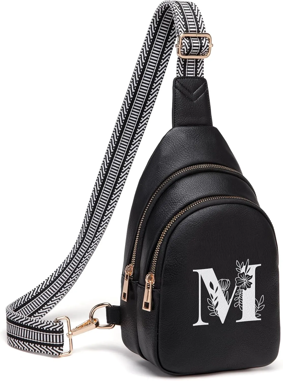Personalized Gifts for Women Initial Sling Bag PU Leather Crossbody Bags for Women Fanny Pack Cross Body Chest Bag for Travel (Black-M)