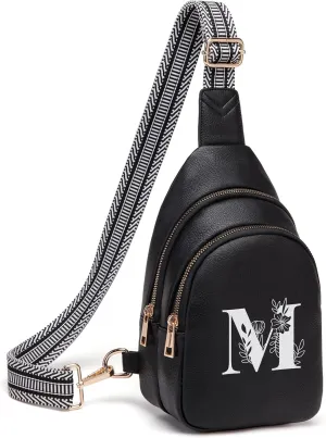 Personalized Gifts for Women Initial Sling Bag PU Leather Crossbody Bags for Women Fanny Pack Cross Body Chest Bag for Travel (Black-M)