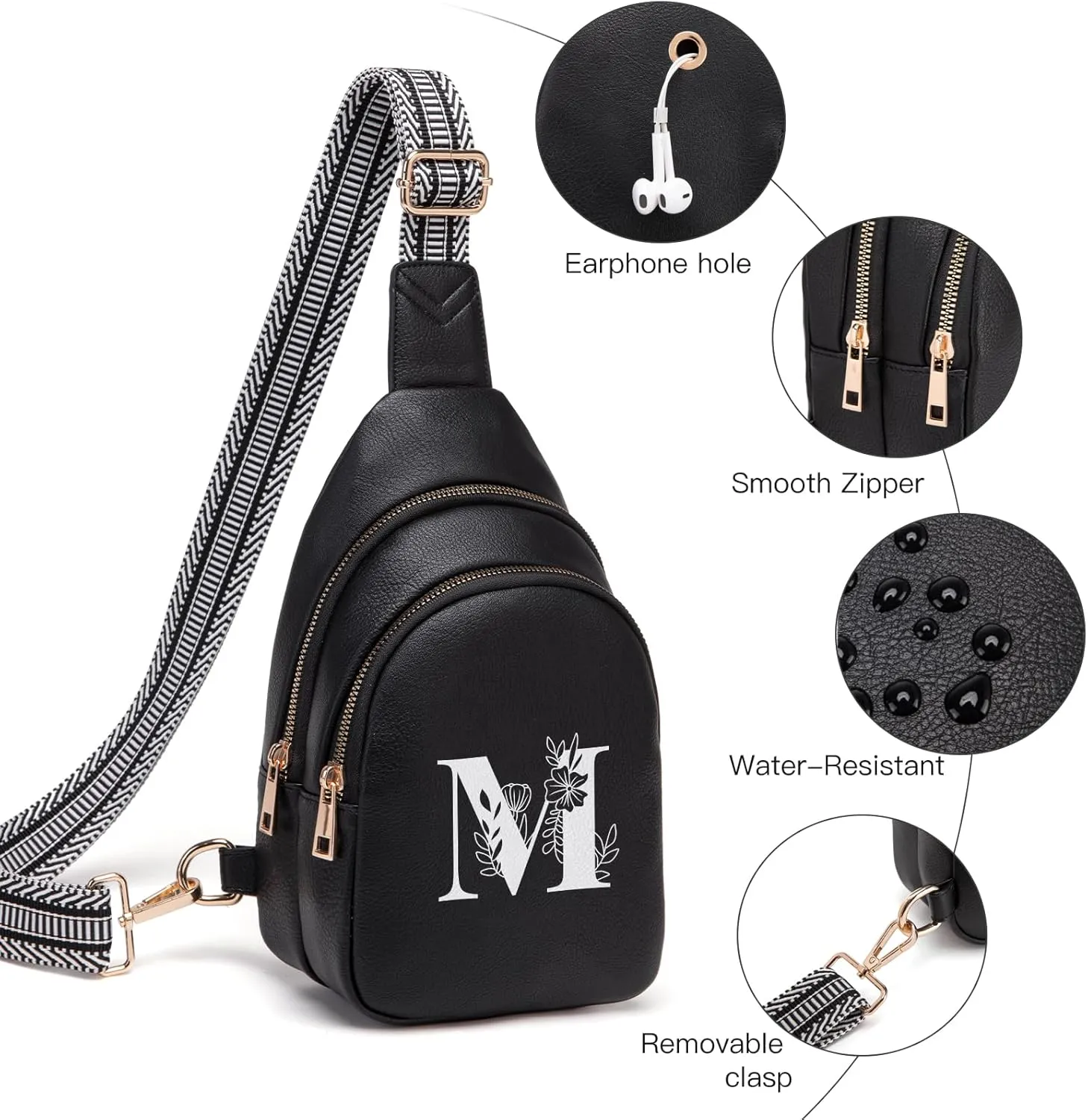 Personalized Gifts for Women Initial Sling Bag PU Leather Crossbody Bags for Women Fanny Pack Cross Body Chest Bag for Travel (Black-M)