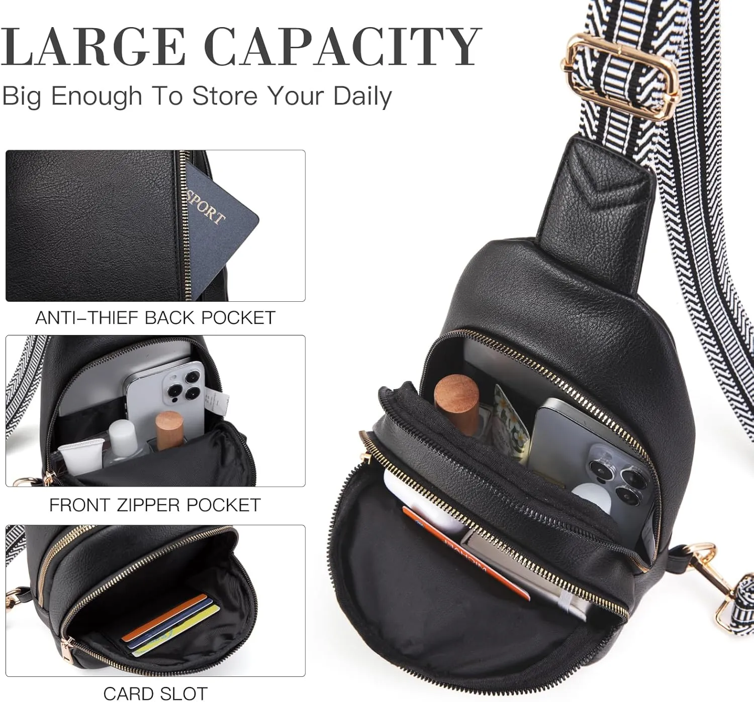 Personalized Gifts for Women Initial Sling Bag PU Leather Crossbody Bags for Women Fanny Pack Cross Body Chest Bag for Travel (Black-M)