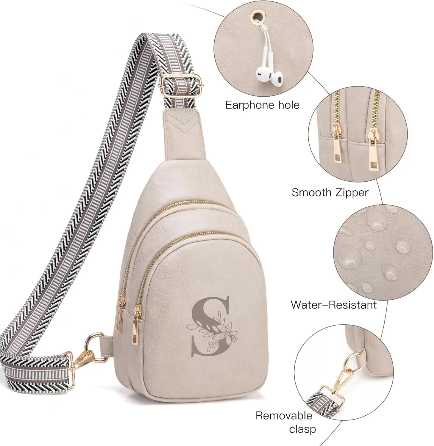 Personalized Gifts for Women Initial Sling Bag PU Leather Crossbody Bags for Women Fanny Pack Cross Body Chest Bag for Travel (Cloud Gray-S)