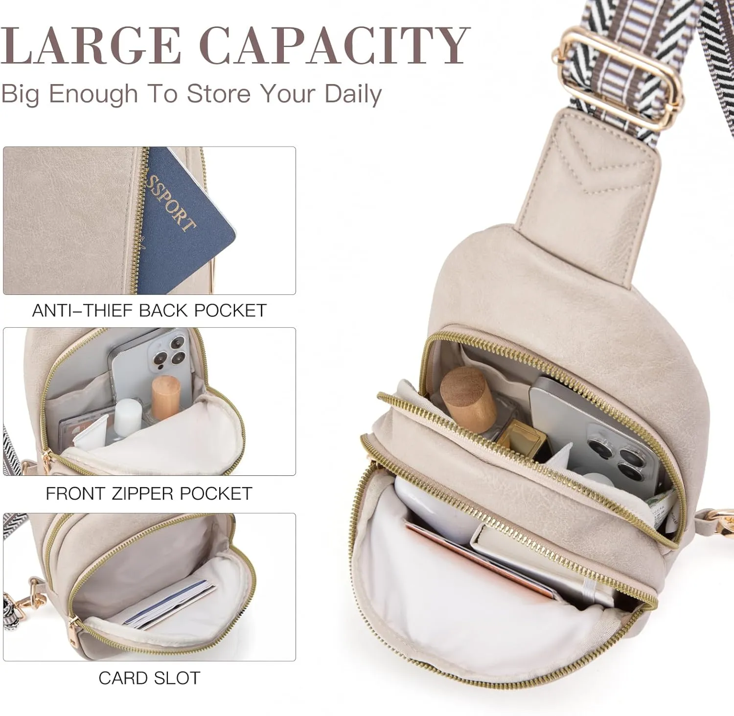 Personalized Gifts for Women Initial Sling Bag PU Leather Crossbody Bags for Women Fanny Pack Cross Body Chest Bag for Travel (Cloud Gray-S)