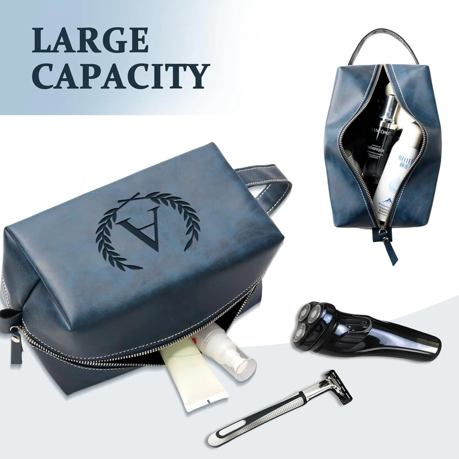 Personalized Gifts Travel Toiletry Bag for Men Engraved Initial PU Leather Waterproof Shaving Bag for Toiletries Accessories Fathers Day Birthday Gift for Men Dad Husband Son, Dark Blue C