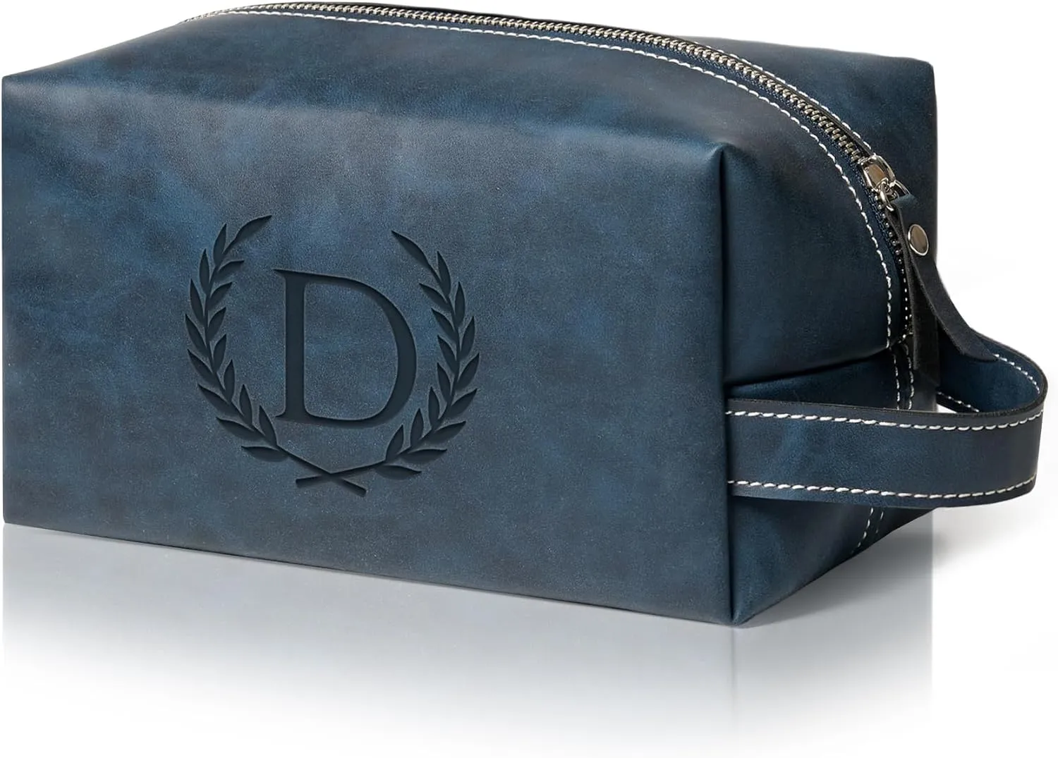 Personalized Gifts Travel Toiletry Bag for Men Engraved Initial PU Leather Waterproof Shaving Bag for Toiletries Accessories Fathers Day Birthday Gift for Men Dad Husband Son, Dark Blue D