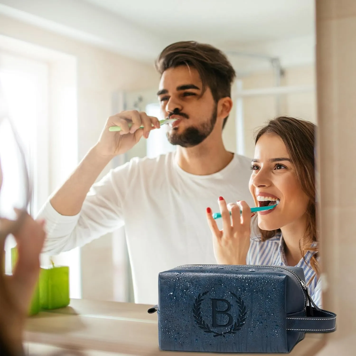 Personalized Gifts Travel Toiletry Bag for Men Engraved Initial PU Leather Waterproof Shaving Bag for Toiletries Accessories Fathers Day Birthday Gift for Men Dad Husband Son, Dark Blue D