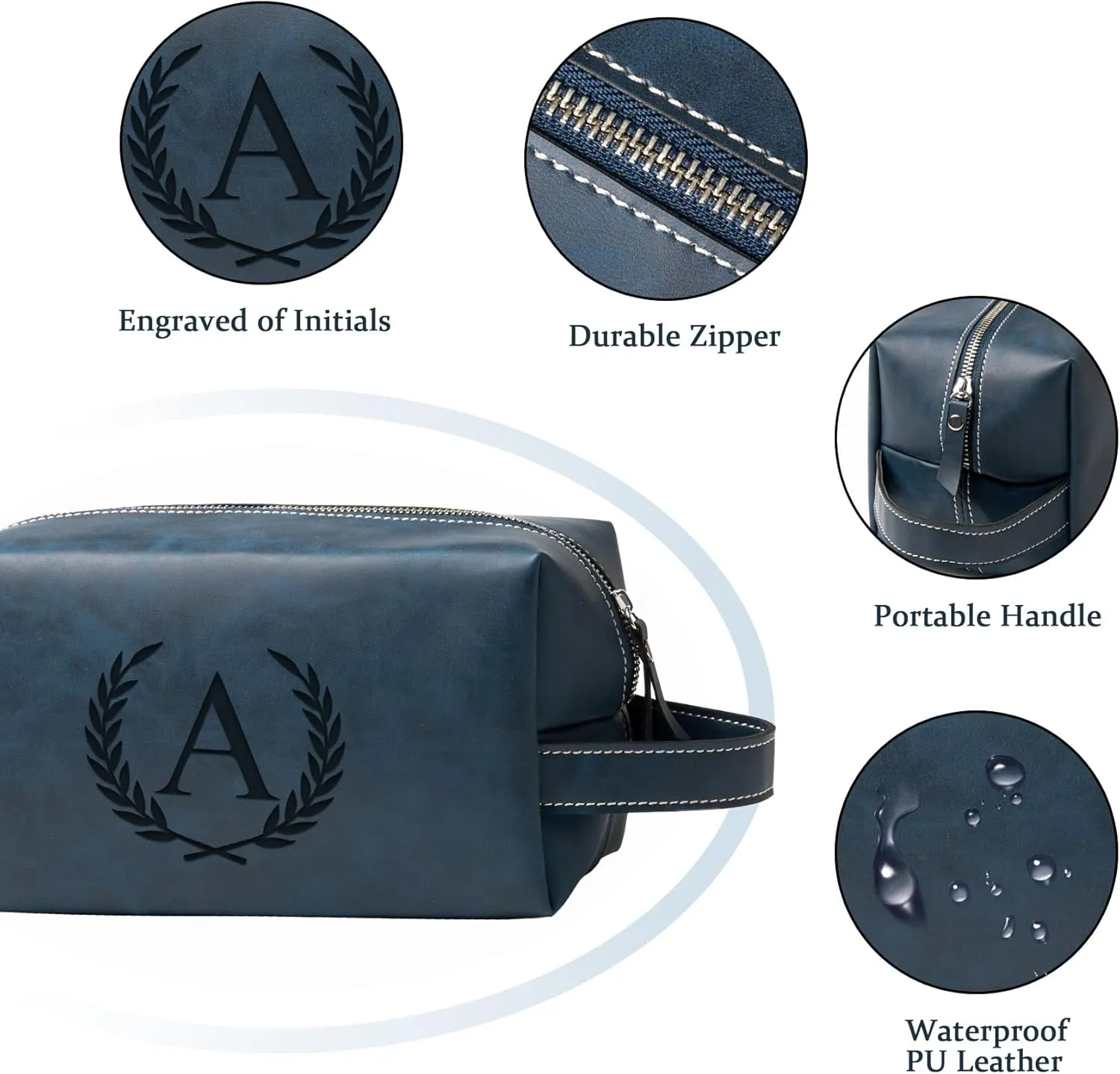 Personalized Gifts Travel Toiletry Bag for Men Engraved Initial PU Leather Waterproof Shaving Bag for Toiletries Accessories Fathers Day Birthday Gift for Men Dad Husband Son, Dark Blue D